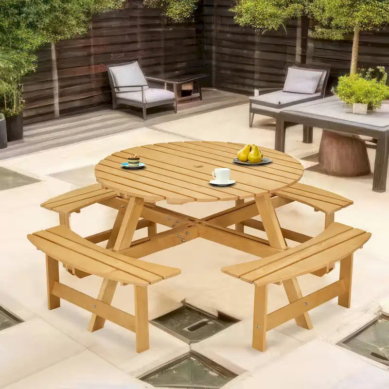 8-Person Outdoor Round Picnic Table Set with 4 Built-in Benches & Umbrella Hole