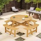 8-Person Outdoor Round Picnic Table Set with 4 Built-in Benches & Umbrella Hole
