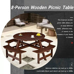 8-Person Outdoor Round Picnic Table Set with 4 Built-in Benches & Umbrella Hole