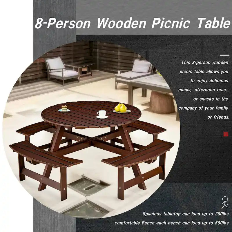 8-Person Outdoor Round Picnic Table Set with 4 Built-in Benches & Umbrella Hole