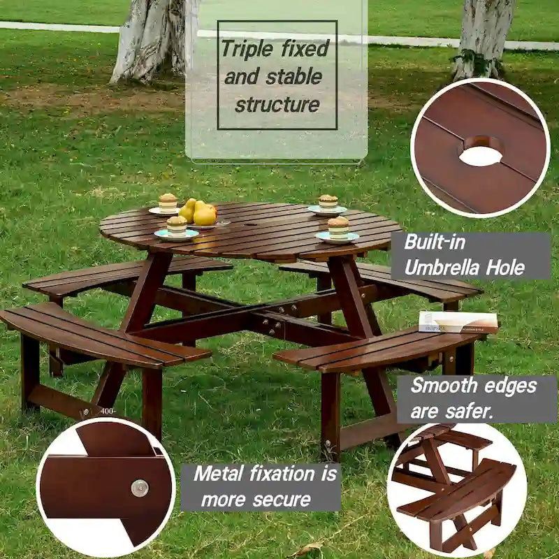 8-Person Outdoor Round Picnic Table Set with 4 Built-in Benches & Umbrella Hole