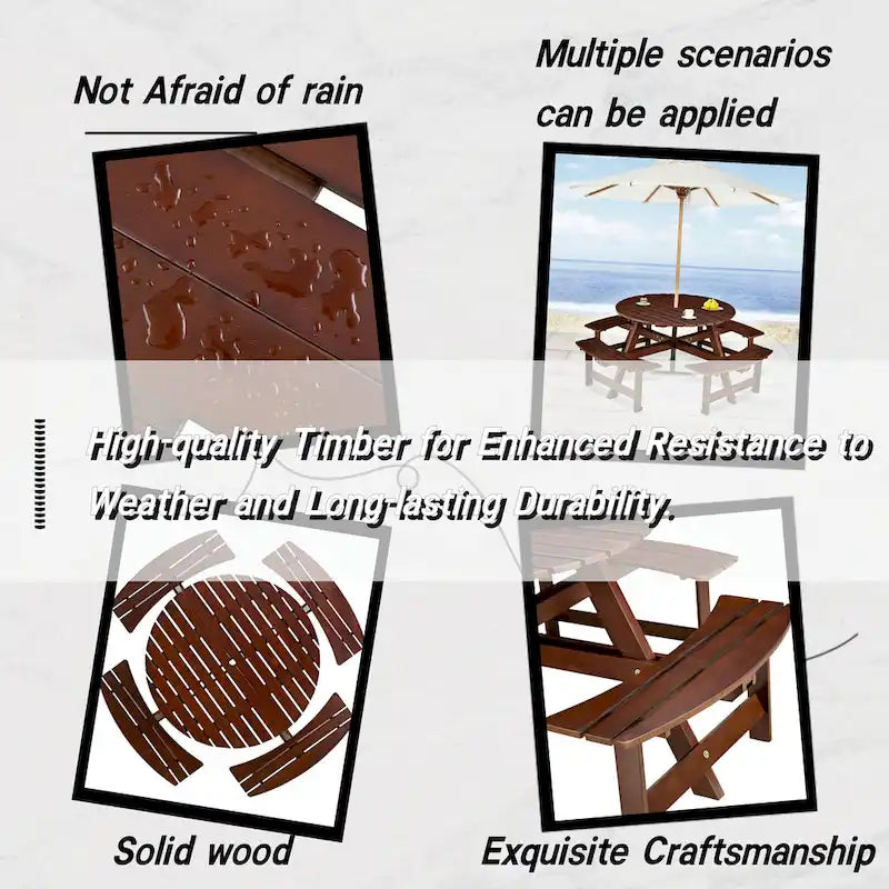 8-Person Outdoor Round Picnic Table Set with 4 Built-in Benches & Umbrella Hole