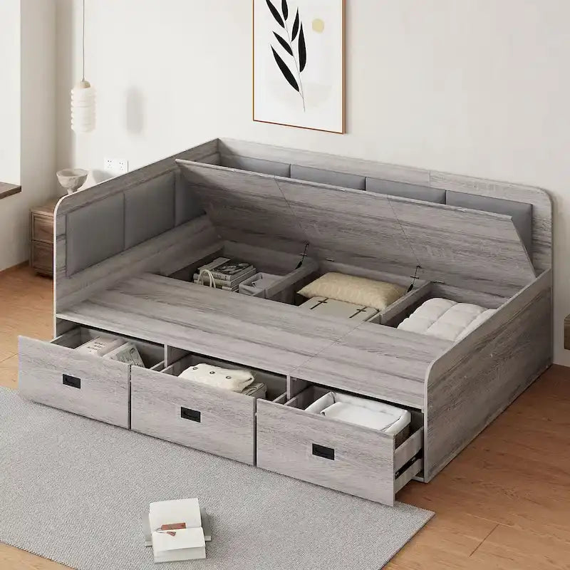 Wooden Daybed Sofa Bed Frame L-Shaped Storage Daybed with 3 Storage Drawers and 3 Built-in Storage Compartments