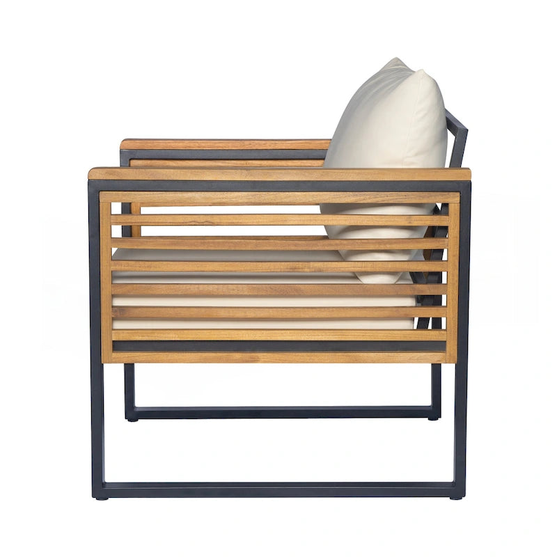 Outdoor Acacia Wood and Metal Patio Chair with Cushions