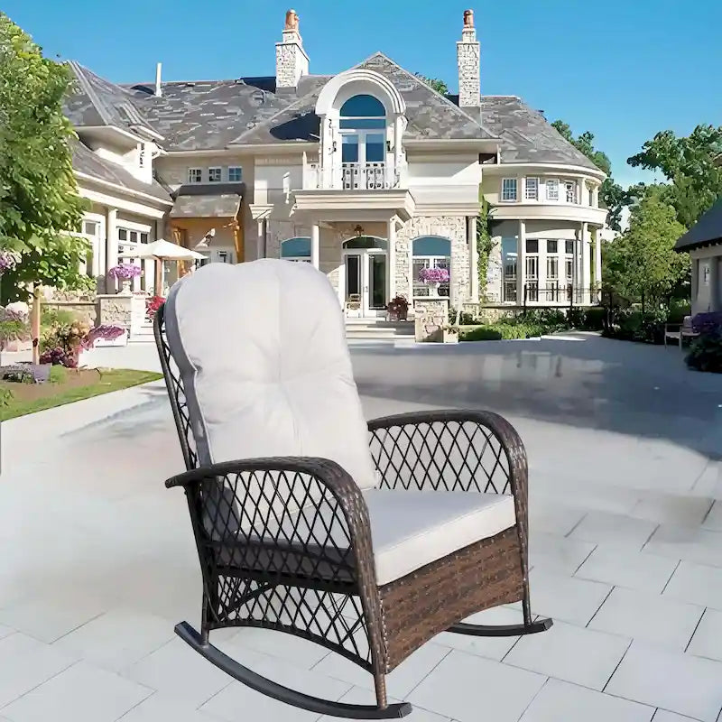 Outdoor Wicker Rocking Chair with Wide Seat, All- Weather Rattan Armchair for Poolside, Garden, Porch, Backyard