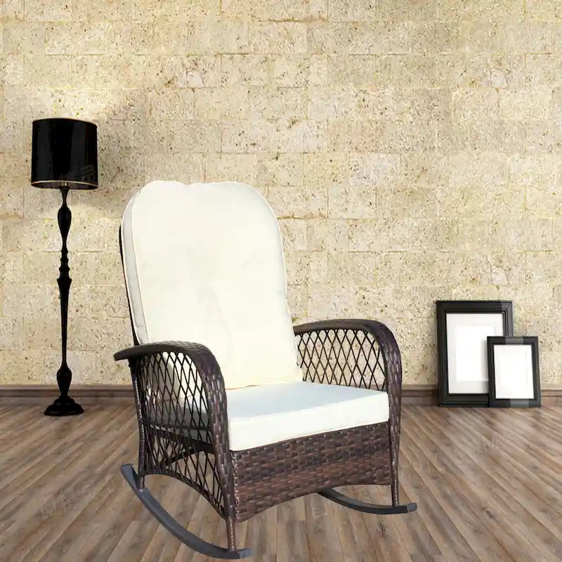 Outdoor Wicker Rocking Chair with Wide Seat, All- Weather Rattan Armchair for Poolside, Garden, Porch, Backyard
