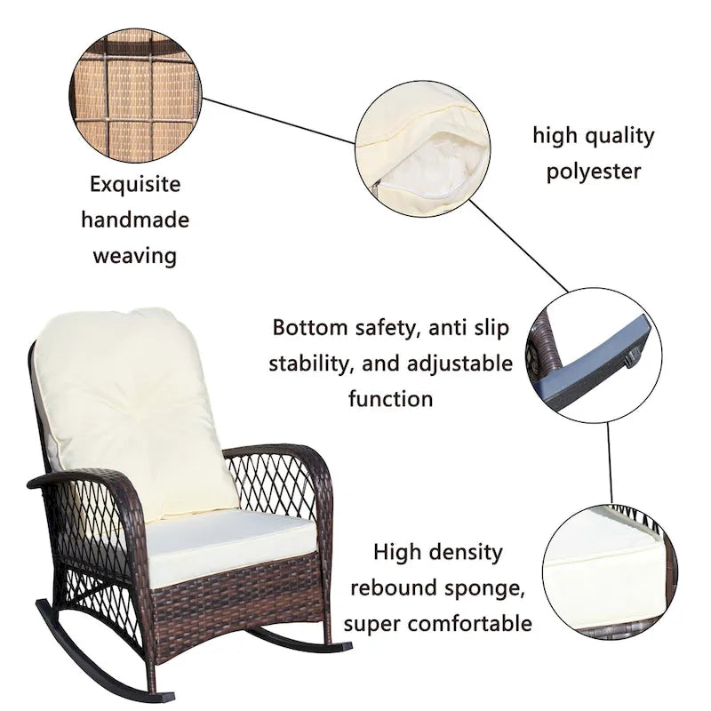 Outdoor Wicker Rocking Chair with Wide Seat, All- Weather Rattan Armchair for Poolside, Garden, Porch, Backyard