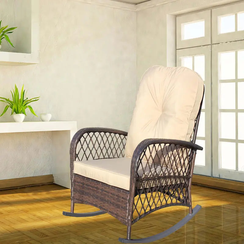 Outdoor Wicker Rocking Chair with Wide Seat, All- Weather Rattan Armchair for Poolside, Garden, Porch, Backyard