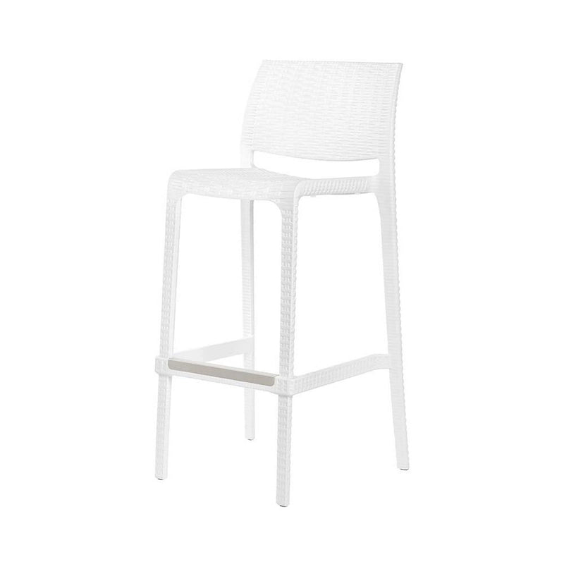 HomeRoots Set of Four 30 White Faux Rattan Heavy Duty Plastic Low Back Outdoor Bar Height Chairs