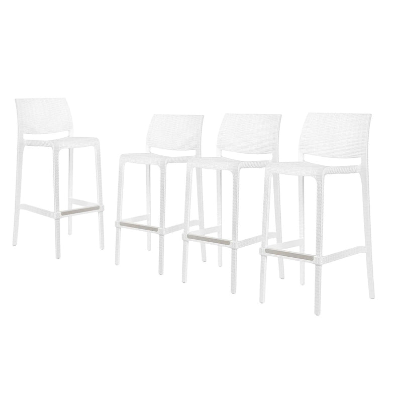 HomeRoots Set of Four 30 White Faux Rattan Heavy Duty Plastic Low Back Outdoor Bar Height Chairs