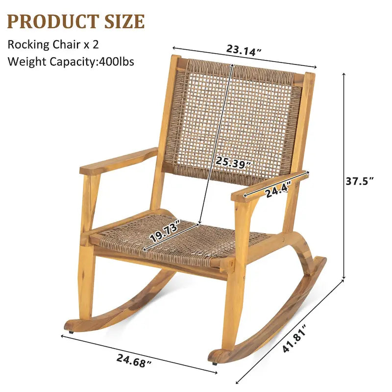 2-Piece Acacia Rocking Chair Set with Rattan Backrest