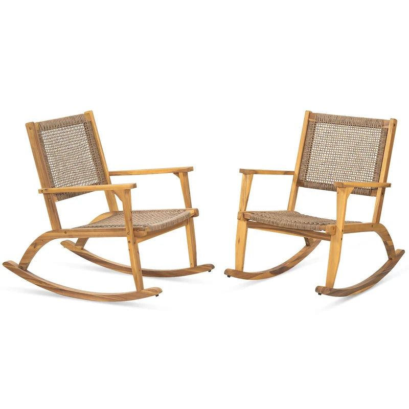 2-Piece Acacia Rocking Chair Set with Rattan Backrest