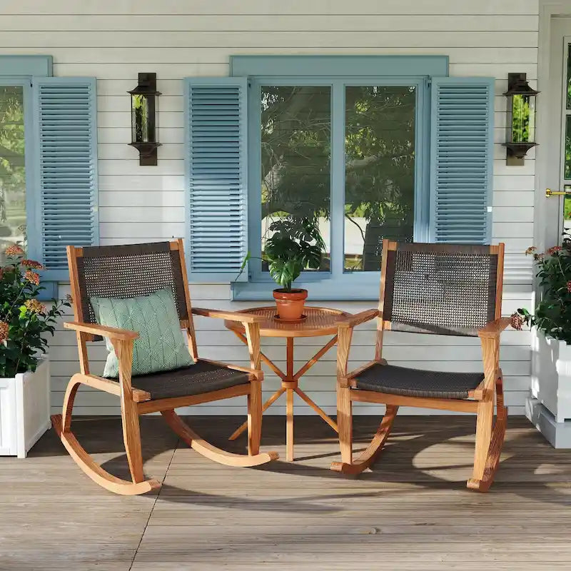 2-Piece Acacia Rocking Chair Set with Rattan Backrest