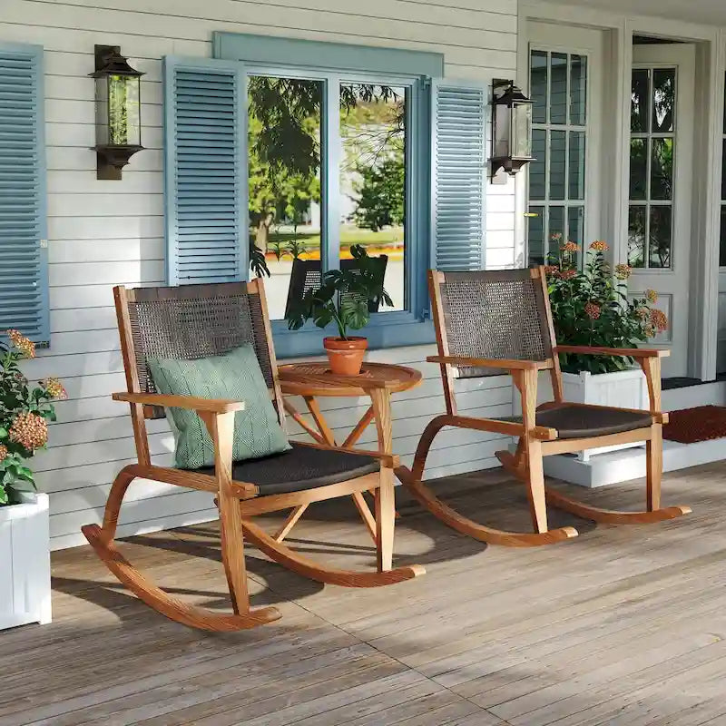 2-Piece Acacia Rocking Chair Set with Rattan Backrest