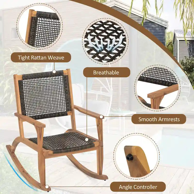 2-Piece Acacia Rocking Chair Set with Rattan Backrest