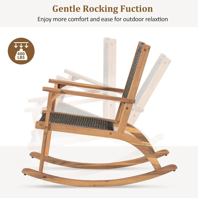 2-Piece Acacia Rocking Chair Set with Rattan Backrest