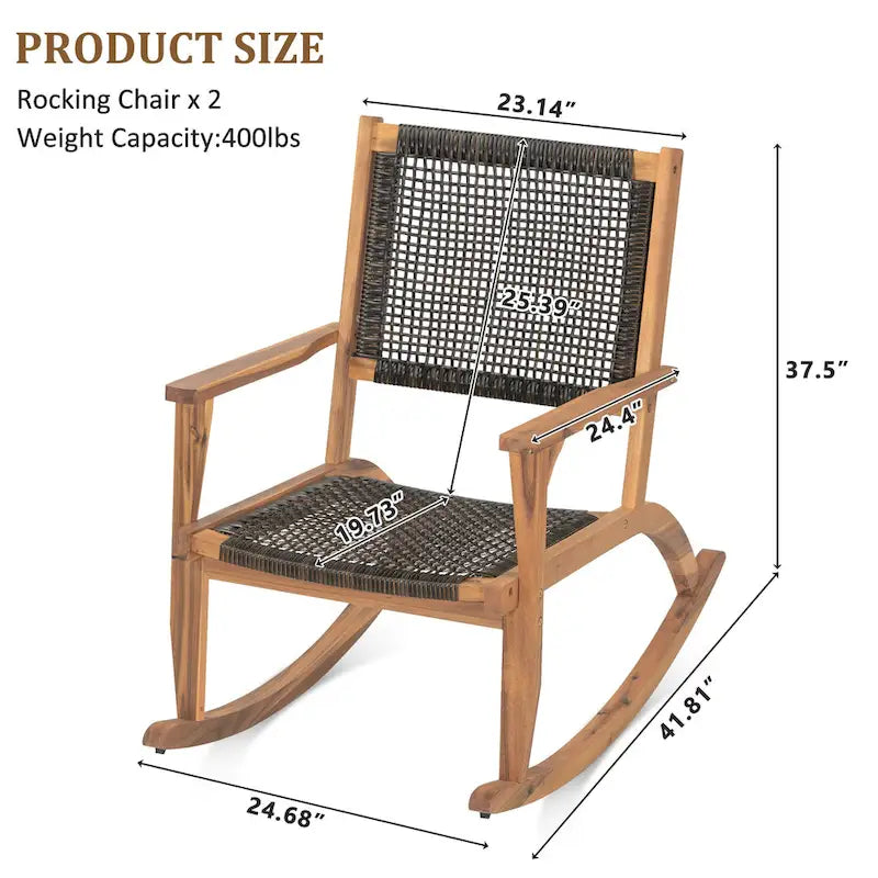 2-Piece Acacia Rocking Chair Set with Rattan Backrest