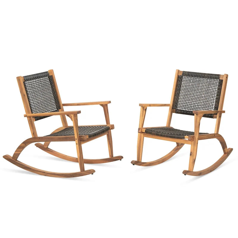 2-Piece Acacia Rocking Chair Set with Rattan Backrest