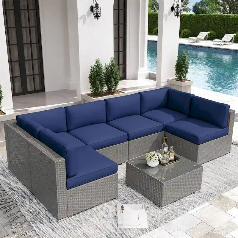 7 Piece Outdoor Patio Furniture Set Grey/Black Wicker Conversation Sectional Sofa Set with Coffee Table and Cushions