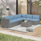 7 Piece Outdoor Patio Furniture Set Grey/Black Wicker Conversation Sectional Sofa Set with Coffee Table and Cushions