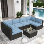 7 Piece Outdoor Patio Furniture Set Grey/Black Wicker Conversation Sectional Sofa Set with Coffee Table and Cushions