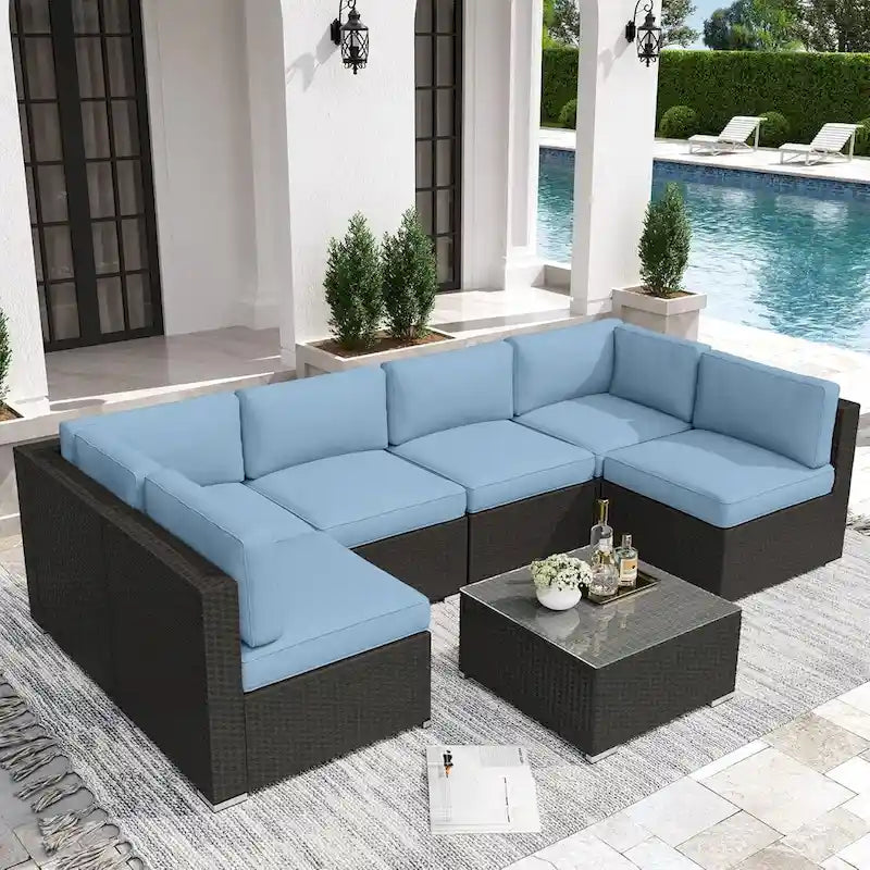 7 Piece Outdoor Patio Furniture Set Grey/Black Wicker Conversation Sectional Sofa Set with Coffee Table and Cushions