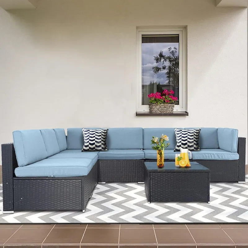 7 Piece Outdoor Patio Furniture Set Grey/Black Wicker Conversation Sectional Sofa Set with Coffee Table and Cushions