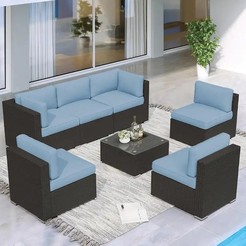 7 Piece Outdoor Patio Furniture Set Grey/Black Wicker Conversation Sectional Sofa Set with Coffee Table and Cushions