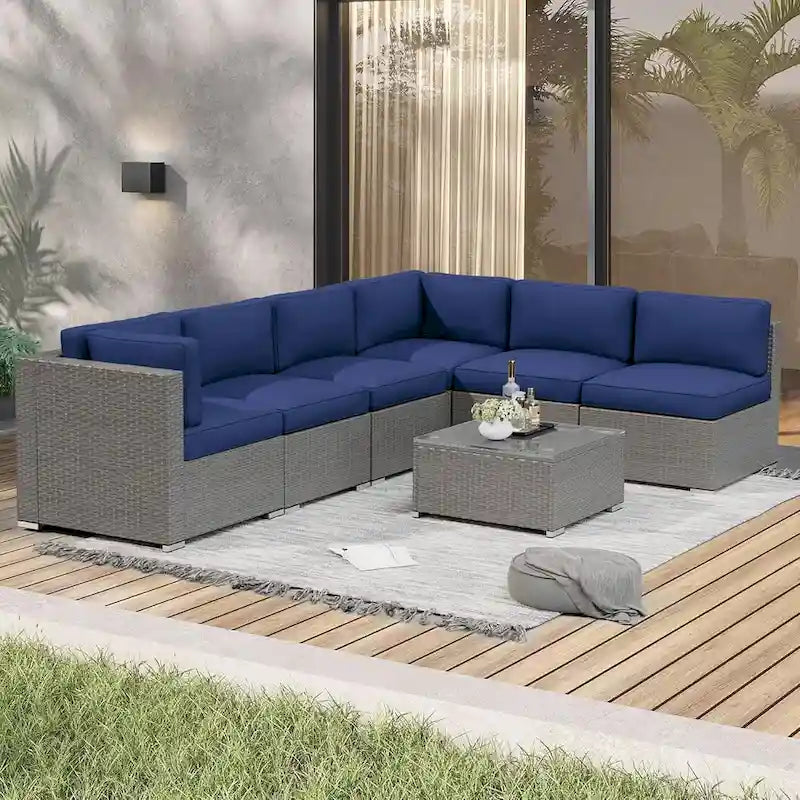 7 Piece Outdoor Patio Furniture Set Grey/Black Wicker Conversation Sectional Sofa Set with Coffee Table and Cushions