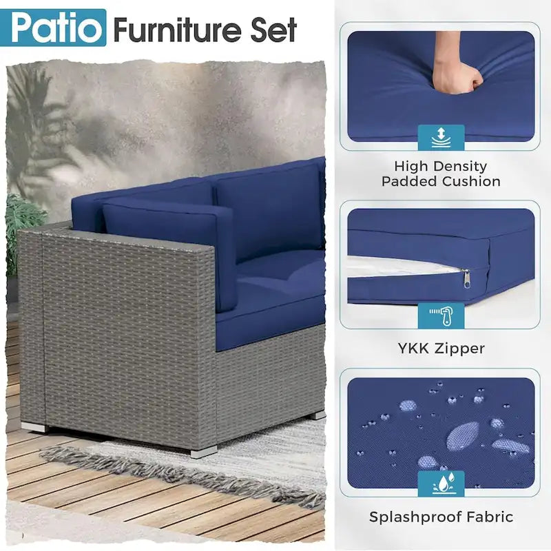 7 Piece Outdoor Patio Furniture Set Grey/Black Wicker Conversation Sectional Sofa Set with Coffee Table and Cushions