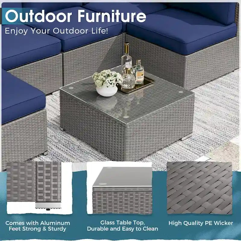 7 Piece Outdoor Patio Furniture Set Grey/Black Wicker Conversation Sectional Sofa Set with Coffee Table and Cushions