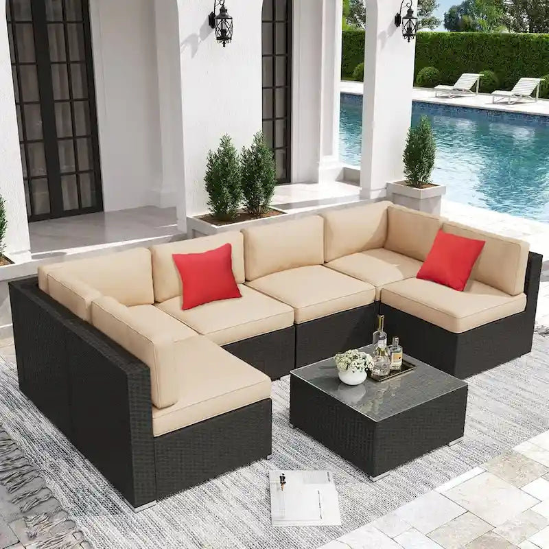 7 Piece Outdoor Patio Furniture Set Grey/Black Wicker Conversation Sectional Sofa Set with Coffee Table and Cushions