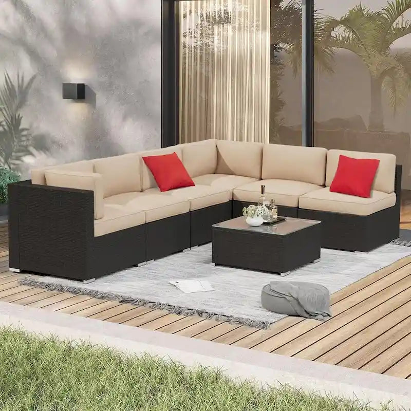 7 Piece Outdoor Patio Furniture Set Grey/Black Wicker Conversation Sectional Sofa Set with Coffee Table and Cushions