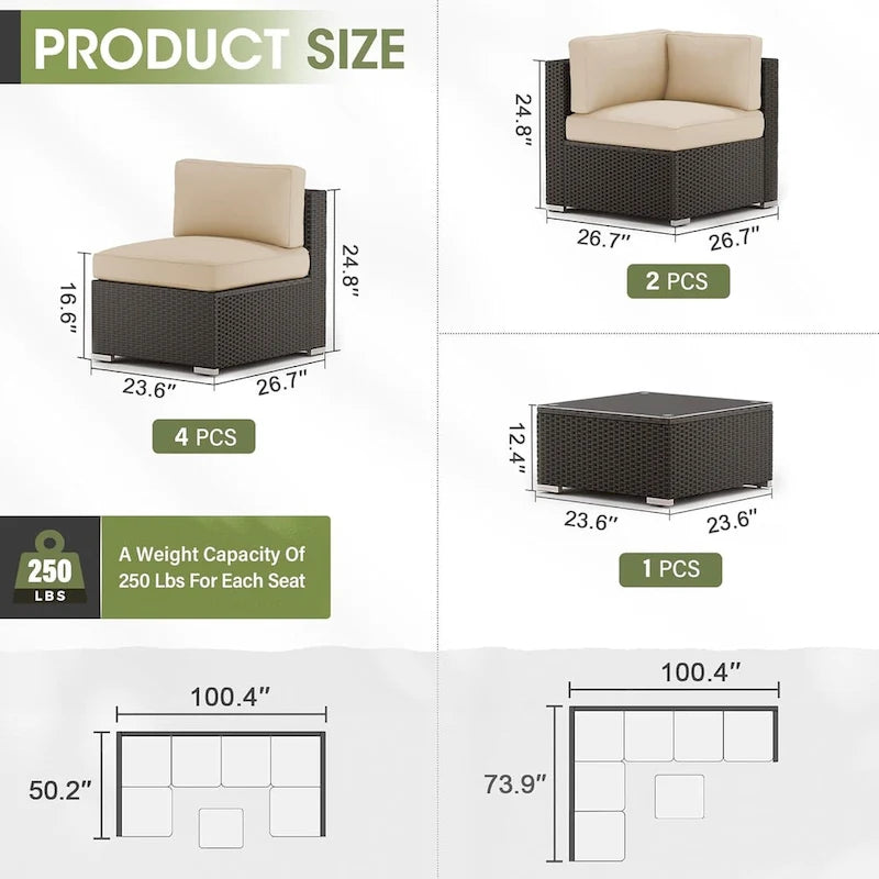 7 Piece Outdoor Patio Furniture Set Grey/Black Wicker Conversation Sectional Sofa Set with Coffee Table and Cushions