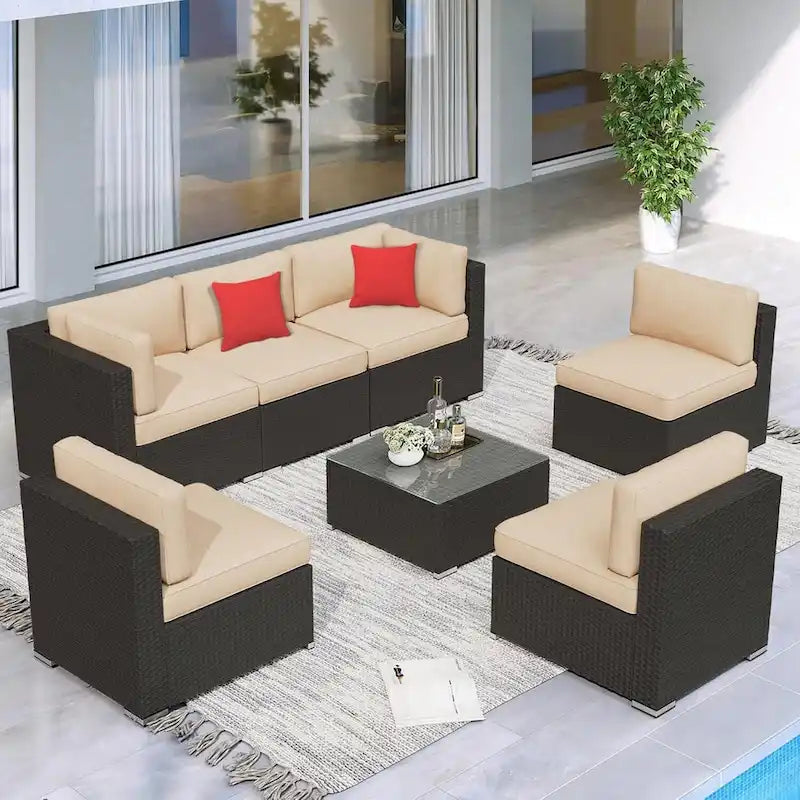 7 Piece Outdoor Patio Furniture Set Grey/Black Wicker Conversation Sectional Sofa Set with Coffee Table and Cushions