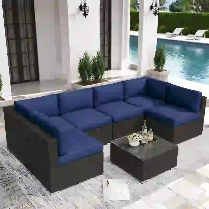 7 Piece Outdoor Patio Furniture Set Grey/Black Wicker Conversation Sectional Sofa Set with Coffee Table and Cushions