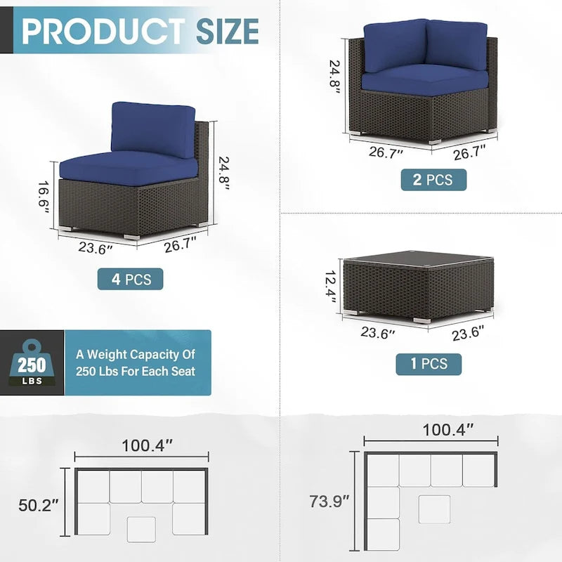7 Piece Outdoor Patio Furniture Set Grey/Black Wicker Conversation Sectional Sofa Set with Coffee Table and Cushions
