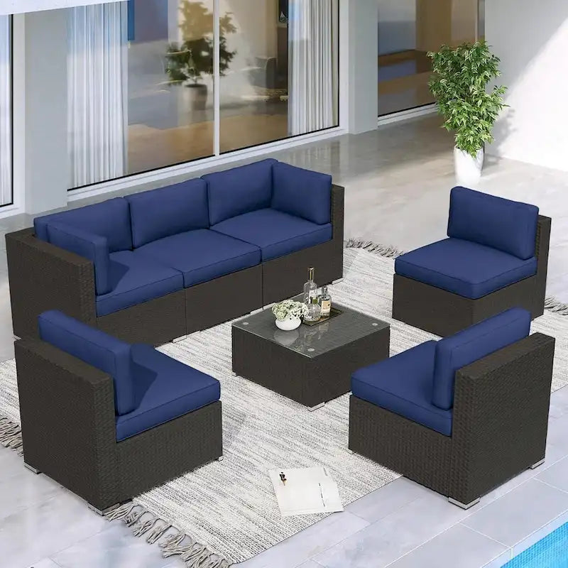7 Piece Outdoor Patio Furniture Set Grey/Black Wicker Conversation Sectional Sofa Set with Coffee Table and Cushions