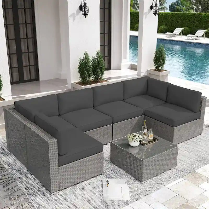 7 Piece Outdoor Patio Furniture Set Grey/Black Wicker Conversation Sectional Sofa Set with Coffee Table and Cushions