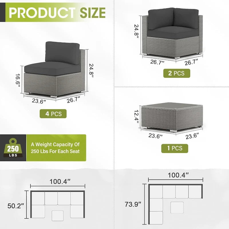 7 Piece Outdoor Patio Furniture Set Grey/Black Wicker Conversation Sectional Sofa Set with Coffee Table and Cushions