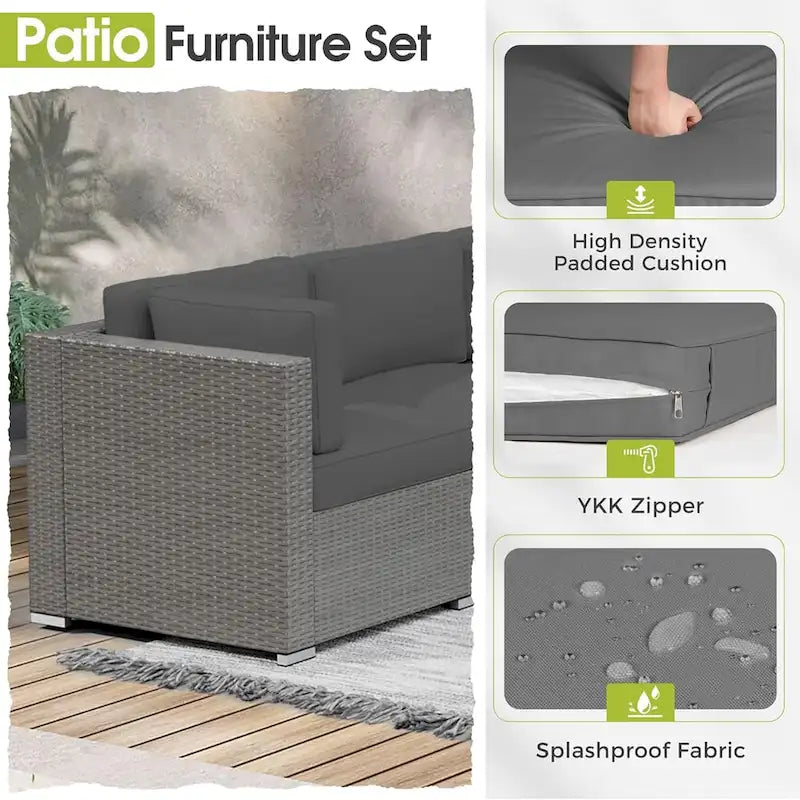 7 Piece Outdoor Patio Furniture Set Grey/Black Wicker Conversation Sectional Sofa Set with Coffee Table and Cushions
