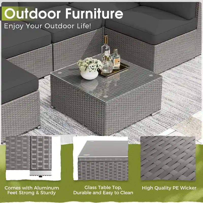 7 Piece Outdoor Patio Furniture Set Grey/Black Wicker Conversation Sectional Sofa Set with Coffee Table and Cushions