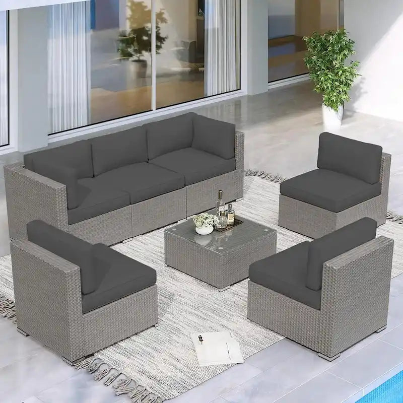 7 Piece Outdoor Patio Furniture Set Grey/Black Wicker Conversation Sectional Sofa Set with Coffee Table and Cushions