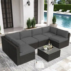 7 Piece Outdoor Patio Furniture Set Grey/Black Wicker Conversation Sectional Sofa Set with Coffee Table and Cushions