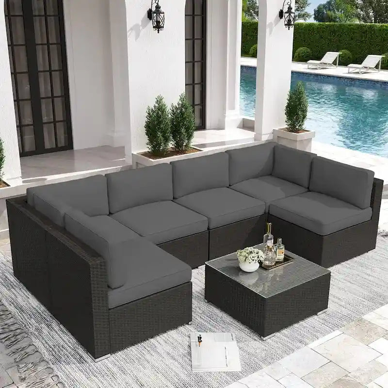 7 Piece Outdoor Patio Furniture Set Grey/Black Wicker Conversation Sectional Sofa Set with Coffee Table and Cushions