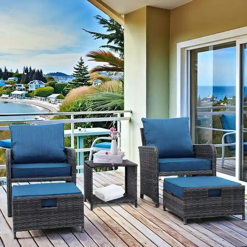 5 Pieces Outdoor Wicker Patio Furniture Set with Ottomans and coffee table