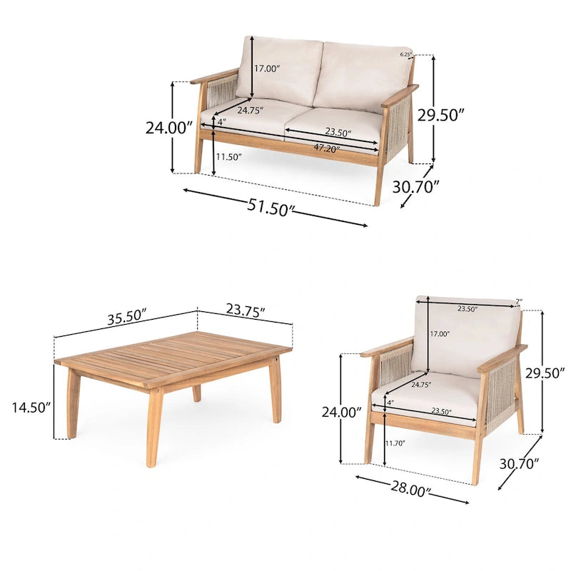 Outdoor 4-piece Acacia Wood and Rope Sectional Patio Sofa Set