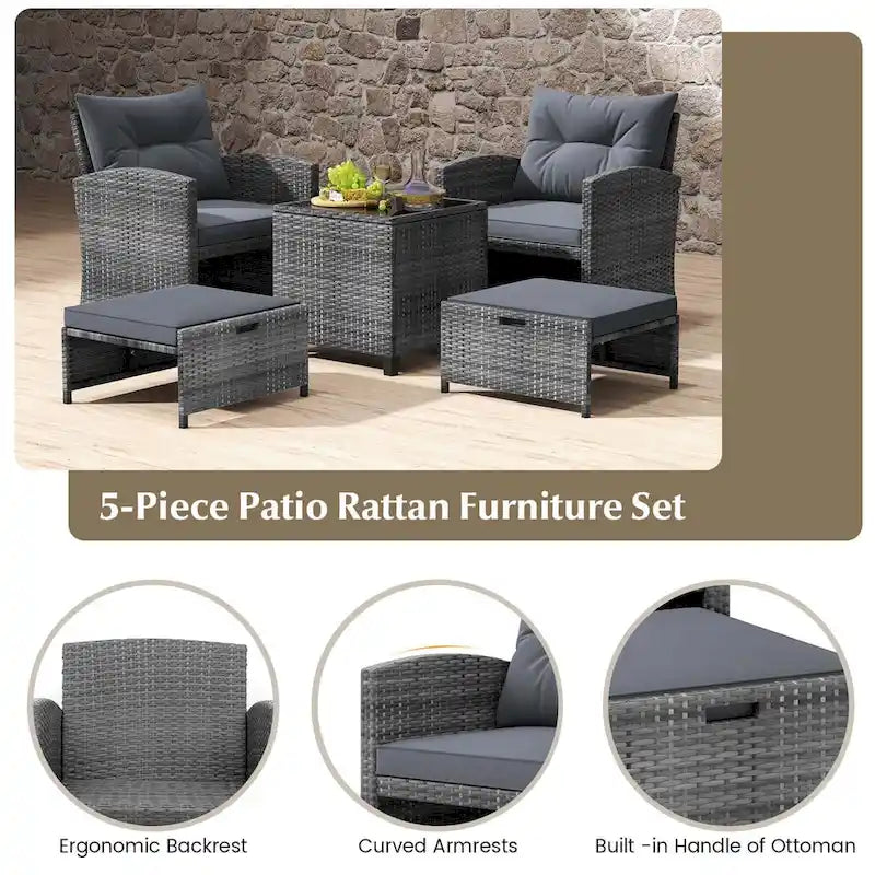 Costway 5 Piece Patio Rattan Furniture with 2 Ottomans & Tempered - See Details