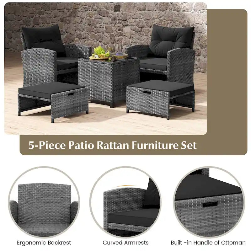 Costway 5 Piece Patio Rattan Furniture with 2 Ottomans & Tempered - See Details