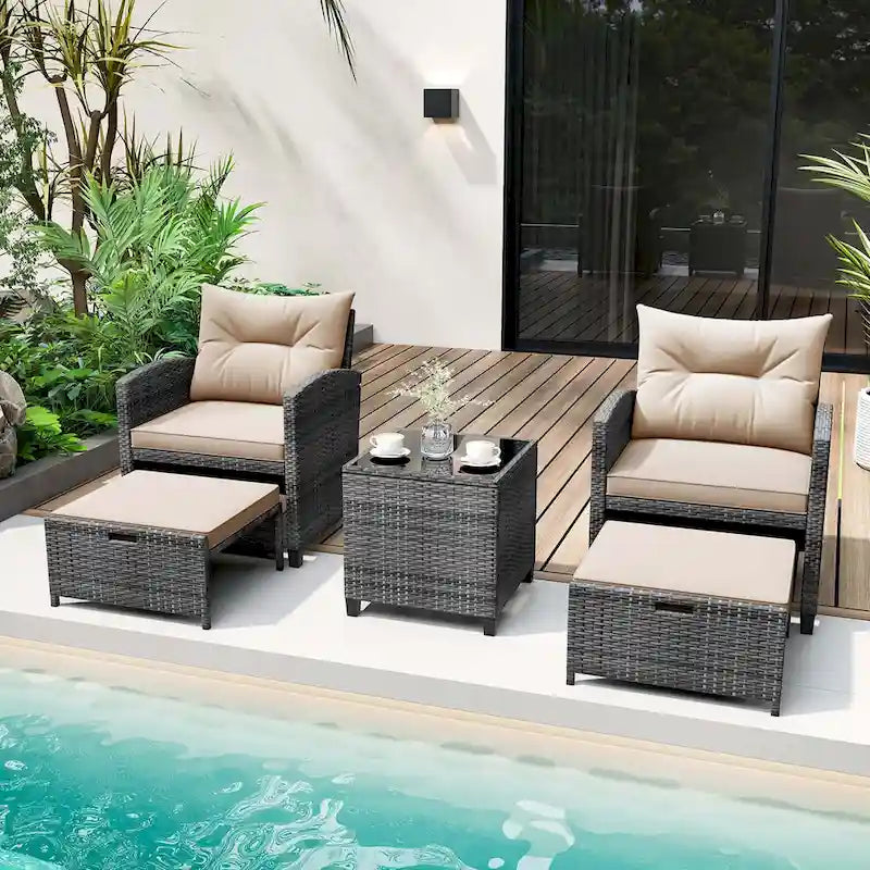 Costway 5 Piece Patio Rattan Furniture with 2 Ottomans & Tempered - See Details